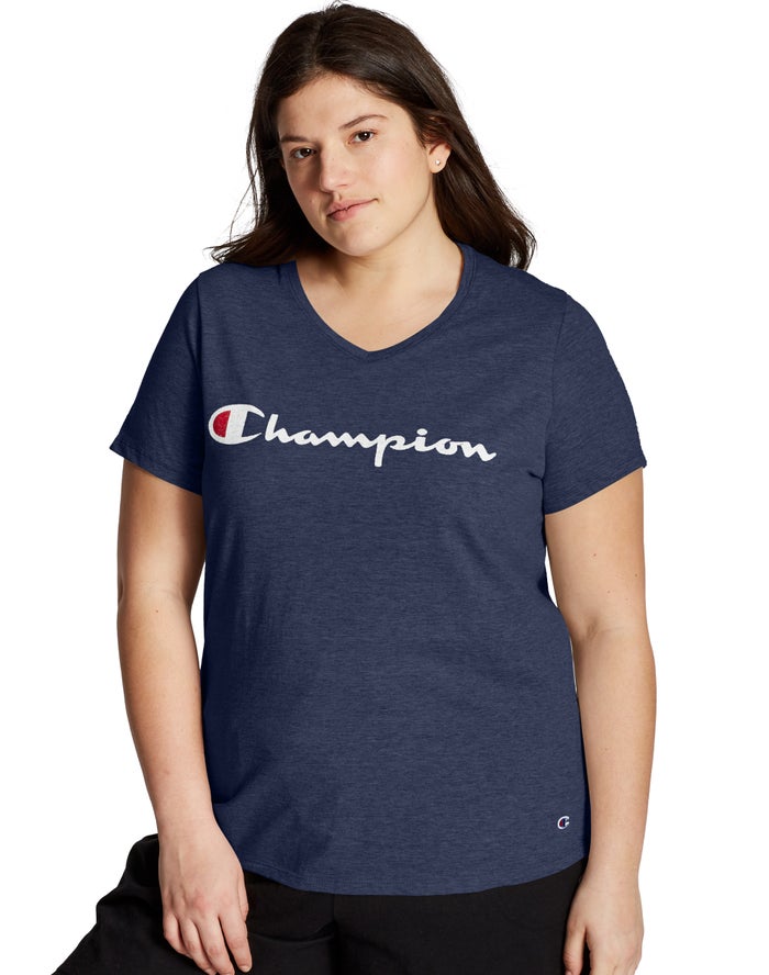 Champion Plus Jersey V-Neck Script Logo - Naisten Laivastonsininen T-Paita - Suomi 6785912-OI